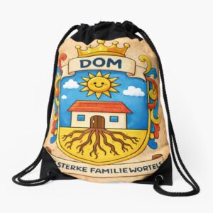 Zak met trekkoord met kindertekening familiewapen Dom